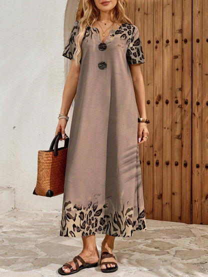 EMERY ROSE Women's Leopard Print Cutout Neck Casual Boho Short Sleeve Dress Summer Outfits For Women Dresses Vacation Holiday Vacation Shades Of Brown Vacation