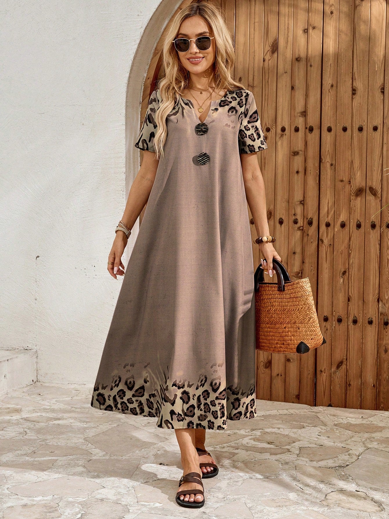 EMERY ROSE Women's Leopard Print Cutout Neck Casual Boho Short Sleeve Dress Summer Outfits For Women Dresses Vacation Holiday Vacation Shades Of Brown Vacation
