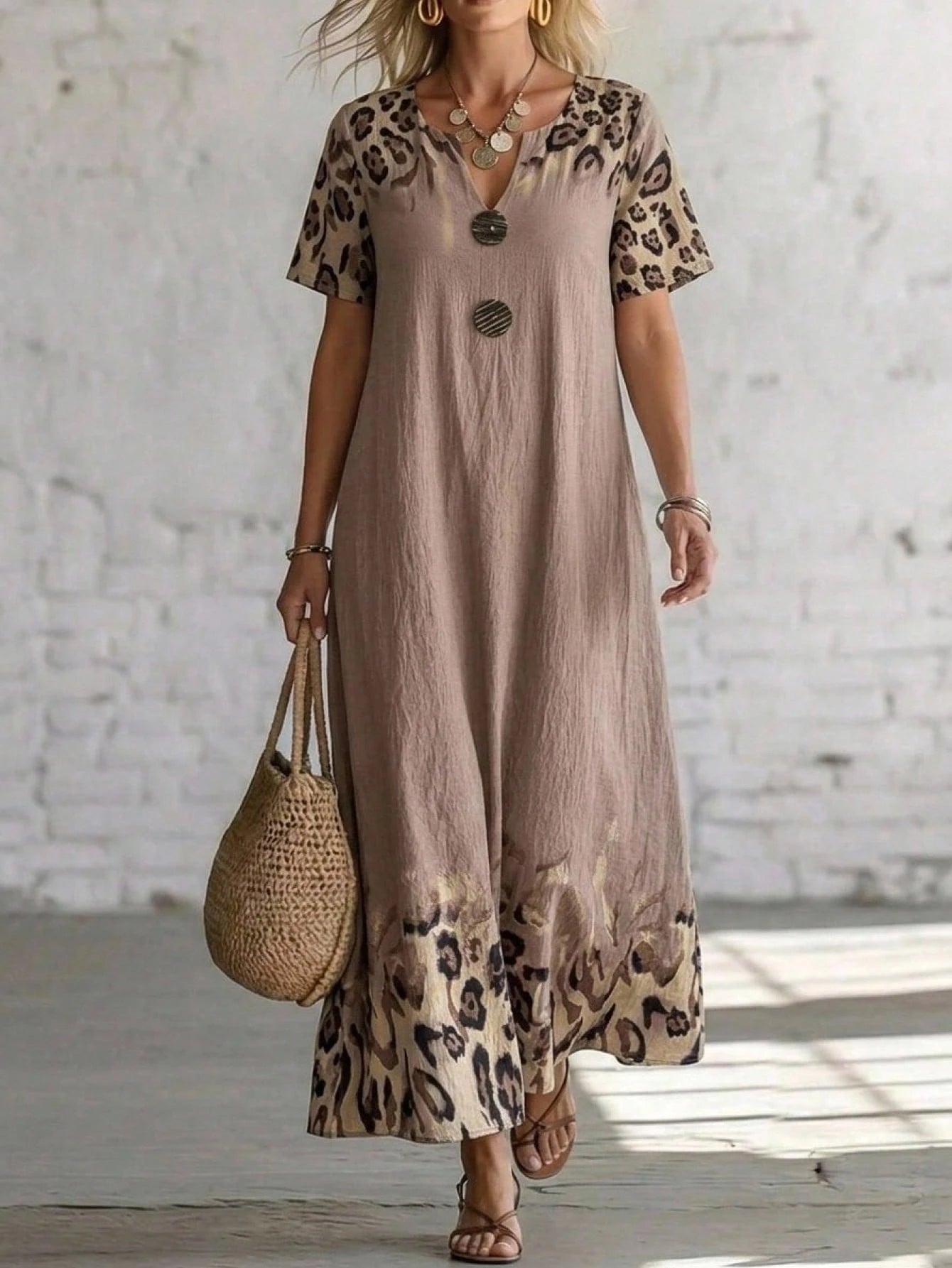 EMERY ROSE Women's Leopard Print Cutout Neck Casual Boho Short Sleeve Dress Summer Outfits For Women Dresses Vacation Holiday Vacation Shades Of Brown Vacation