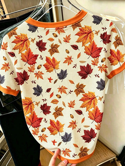 EMERY ROSE Women's Maple Leaf Print Short Sleeve T-Shirt, Cute Summer T-Shirt, Suitable For Halloween Wear