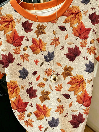 EMERY ROSE Women's Maple Leaf Print Short Sleeve T-Shirt, Cute Summer T-Shirt, Suitable For Halloween Wear