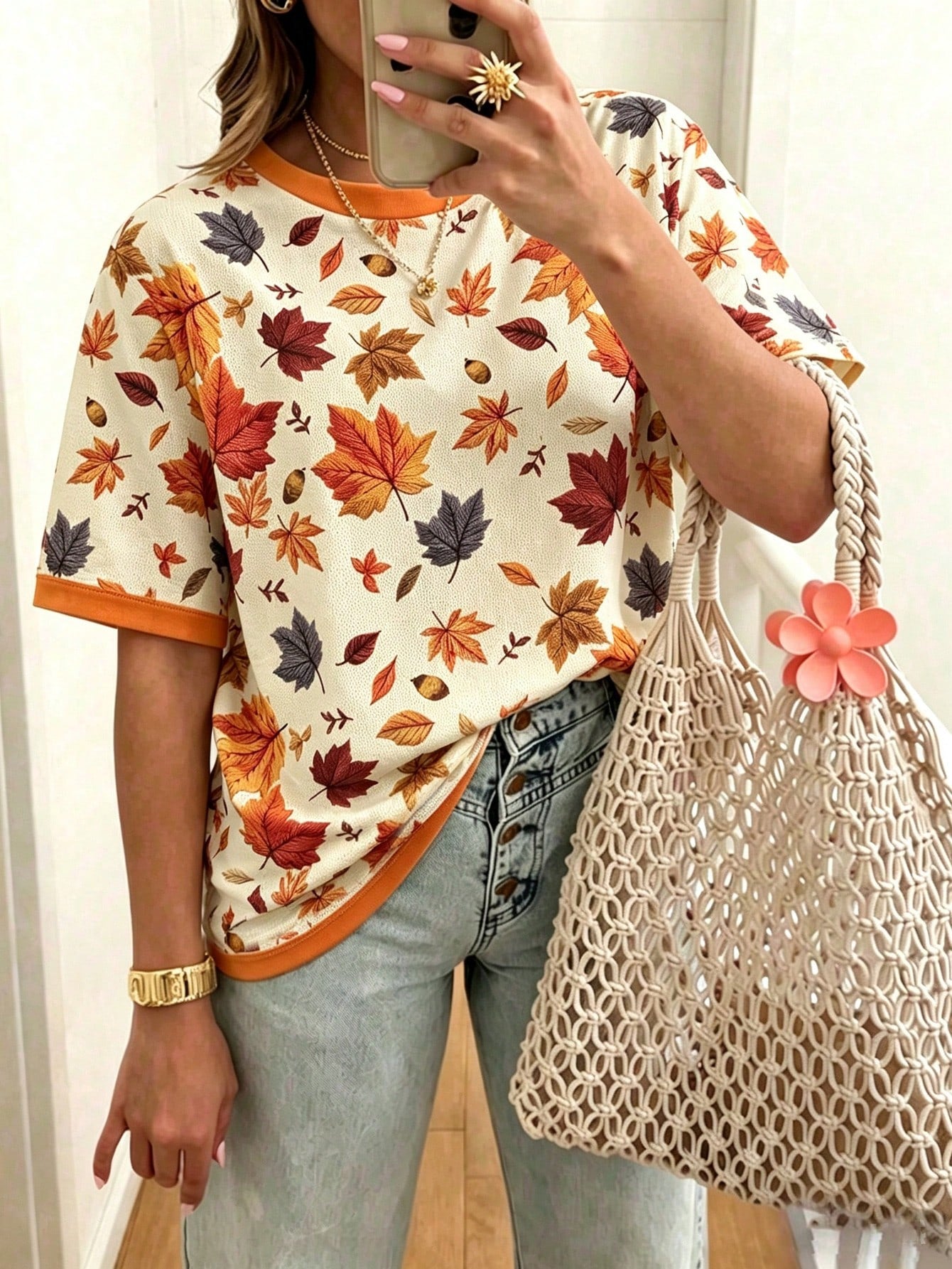 EMERY ROSE Women's Maple Leaf Print Short Sleeve T-Shirt, Cute Summer T-Shirt, Suitable For Halloween Wear