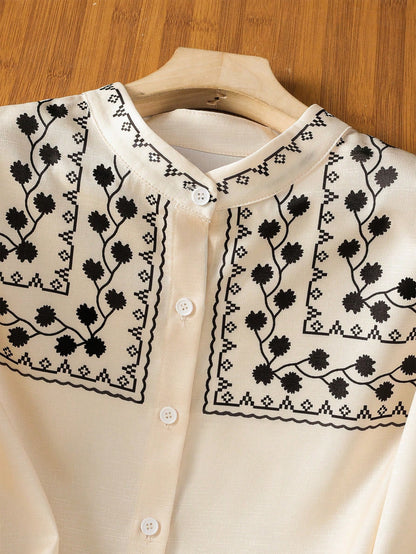 EMERY ROSE Women's Plant Pattern Single-Breasted Casual Loose Shirt