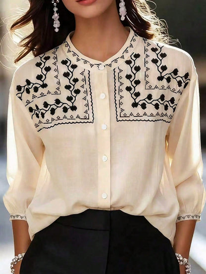 EMERY ROSE Women's Plant Pattern Single-Breasted Casual Loose Shirt