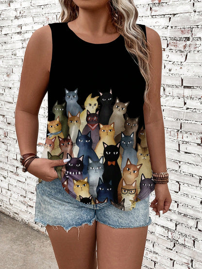 EMERY ROSE Women's Plus Size Cat Printed Black Sleeveless Tank Top, Casual, For Summer,Spring/Vacation