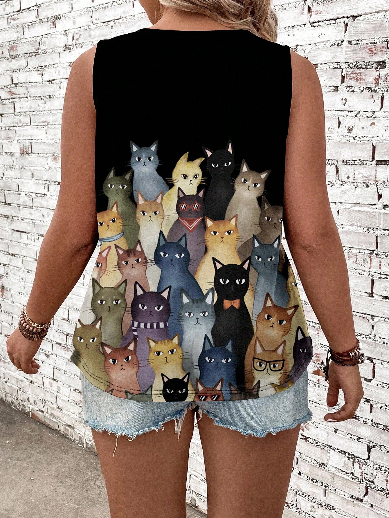 EMERY ROSE Women's Plus Size Cat Printed Black Sleeveless Tank Top, Casual, For Summer,Spring/Vacation