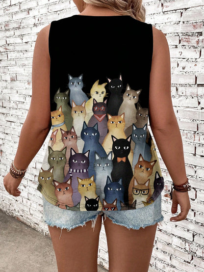 EMERY ROSE Women's Plus Size Cat Printed Black Sleeveless Tank Top, Casual, For Summer,Spring/Vacation
