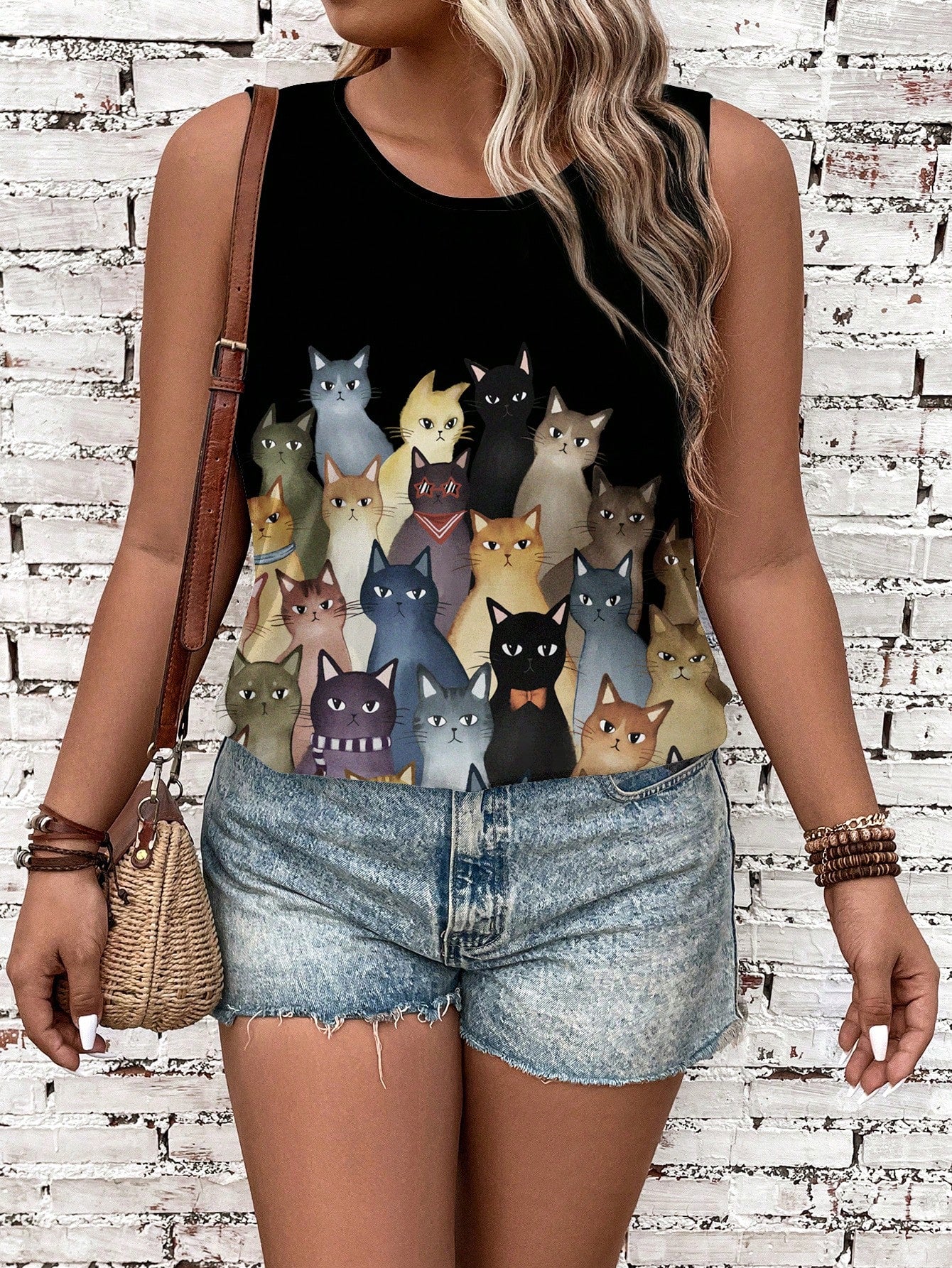 EMERY ROSE Women's Plus Size Cat Printed Black Sleeveless Tank Top, Casual, For Summer,Spring/Vacation