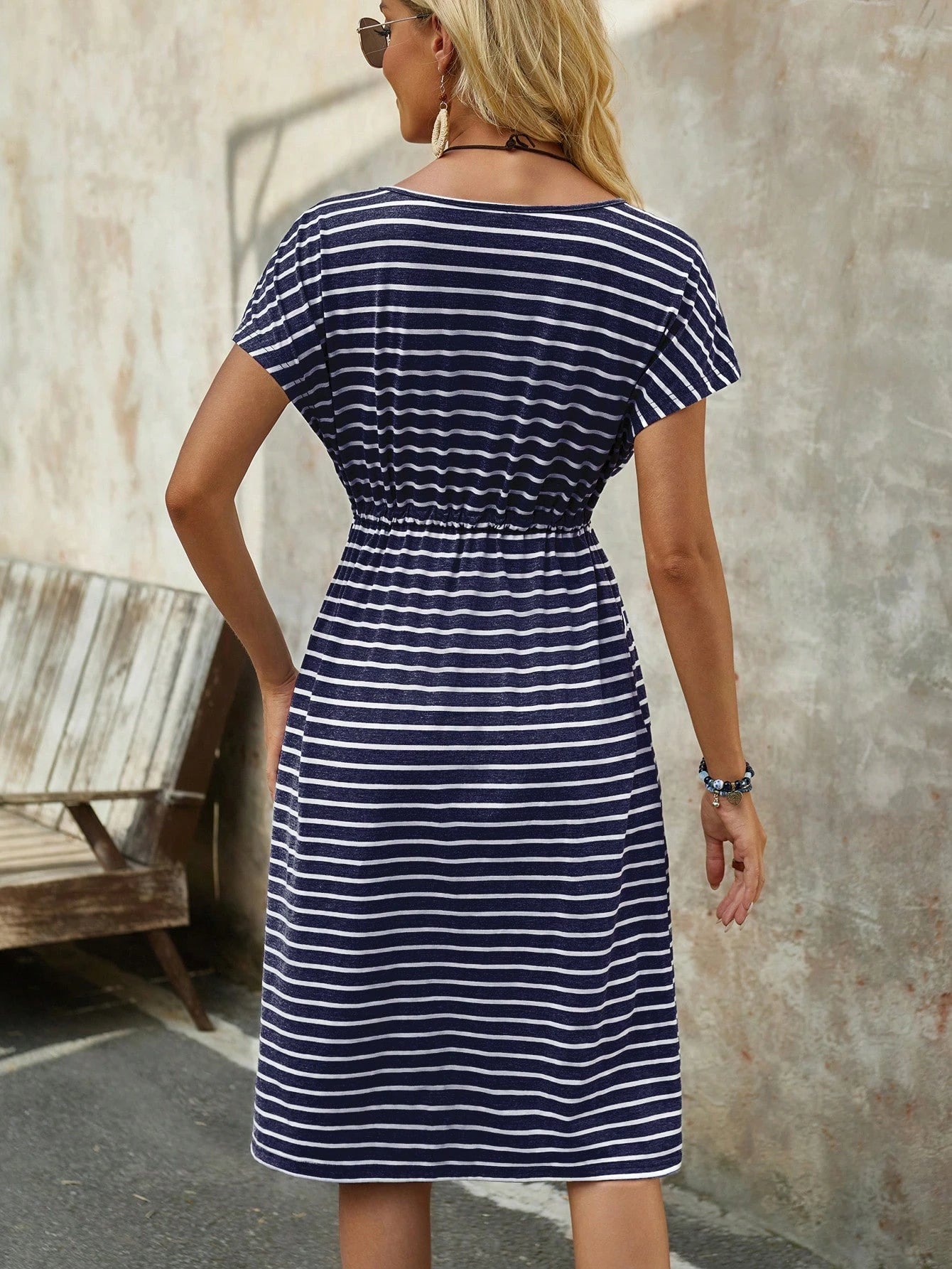 EMERY ROSE Women's Striped Drawstring Waist Slant Pocket Casual Dress For Summer