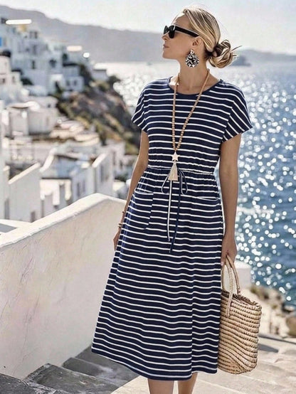 EMERY ROSE Women's Striped Drawstring Waist Slant Pocket Casual Dress For Summer