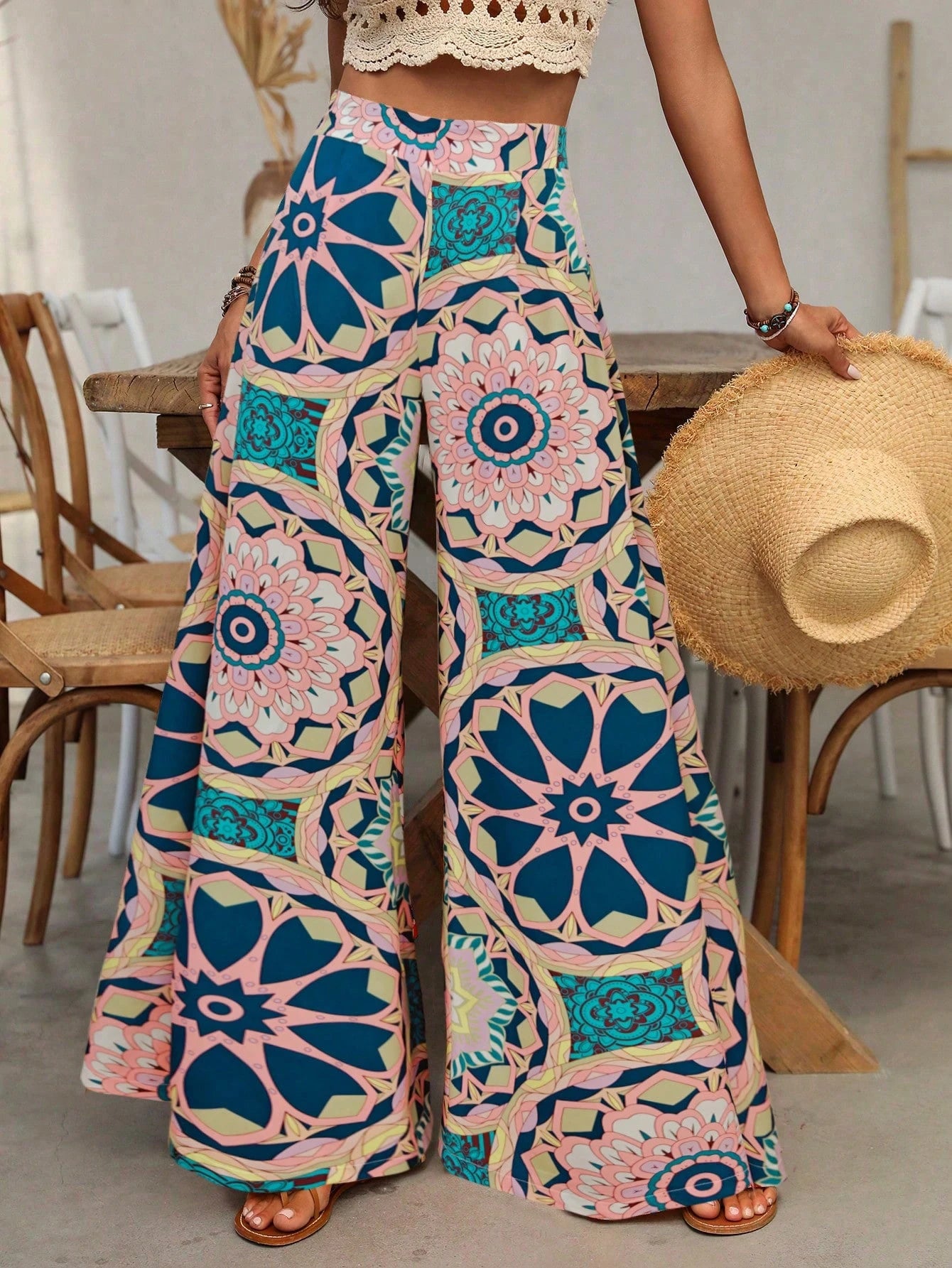 EMERY ROSE Women's Wide Leg Mandala Print Pants Fall Cloth For Women