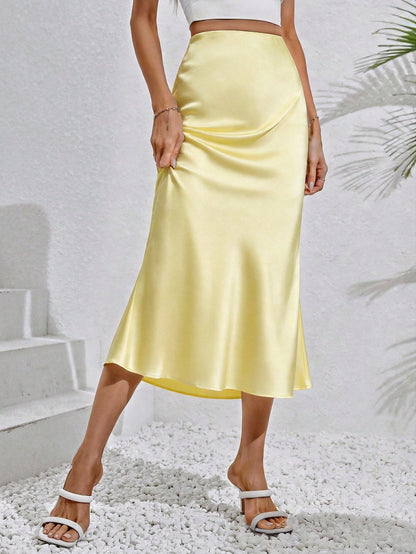 EMERY ROSE Yellow Satin Solid High-Waisted Mermaid-Style Slimming Mid-Length Skirt Yellow Midi Skirt Skirt For Women, Elegant Skirt