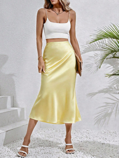 EMERY ROSE Yellow Satin Solid High-Waisted Mermaid-Style Slimming Mid-Length Skirt Yellow Midi Skirt Skirt For Women, Elegant Skirt