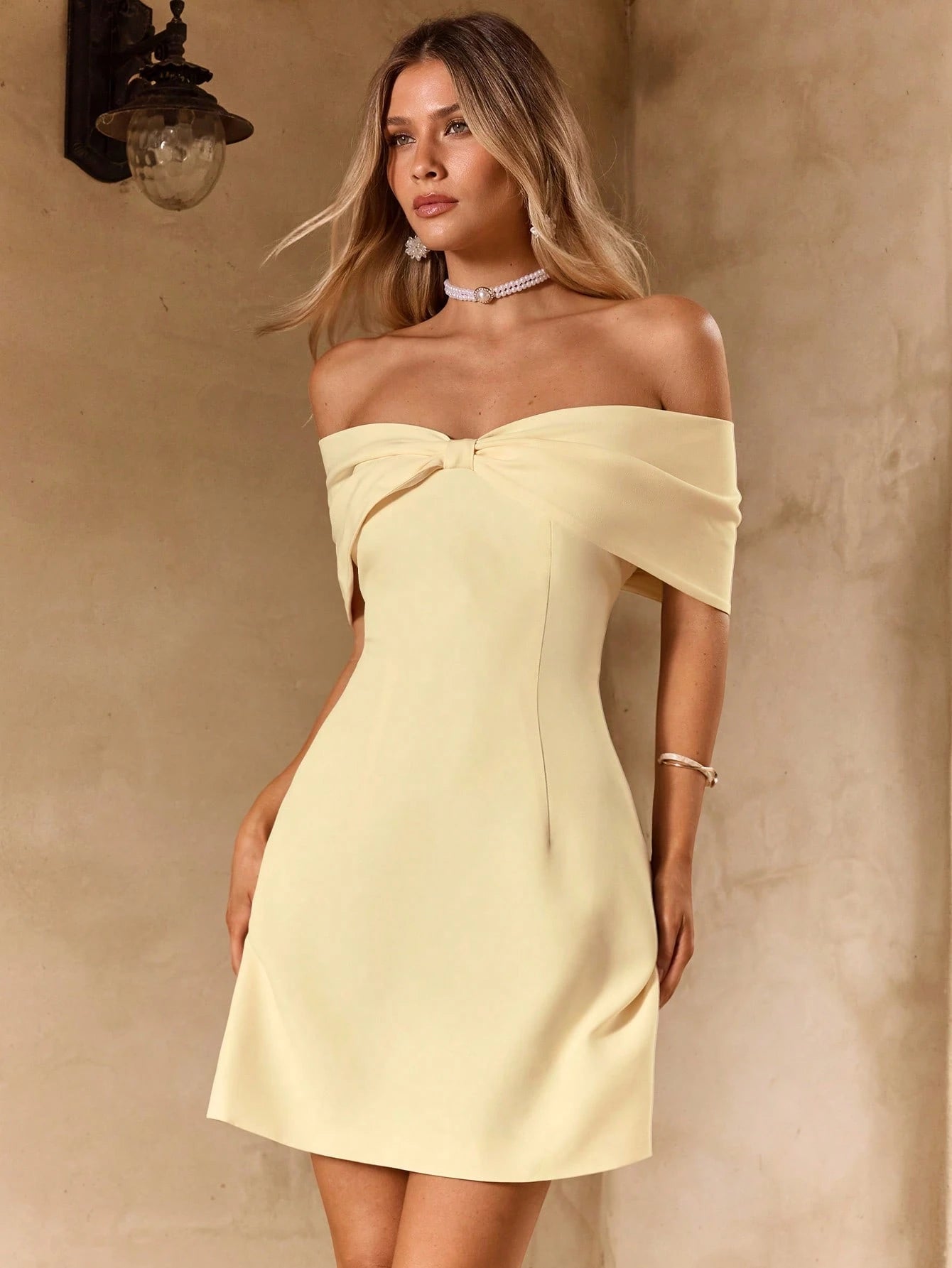 Enchnt Pale Yellow Summer Elegant Party Dress For Women, Bow Off Shoulder A-Line Rosette Sweet&Elegant Dresses For Date,Wedding&Graduation