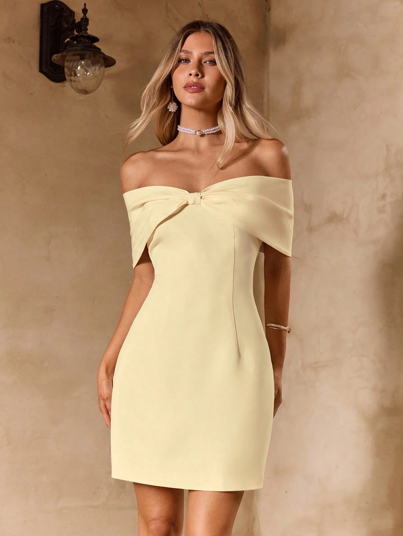 Enchnt Pale Yellow Summer Elegant Party Dress For Women, Bow Off Shoulder A-Line Rosette Sweet&Elegant Dresses For Date,Wedding&Graduation