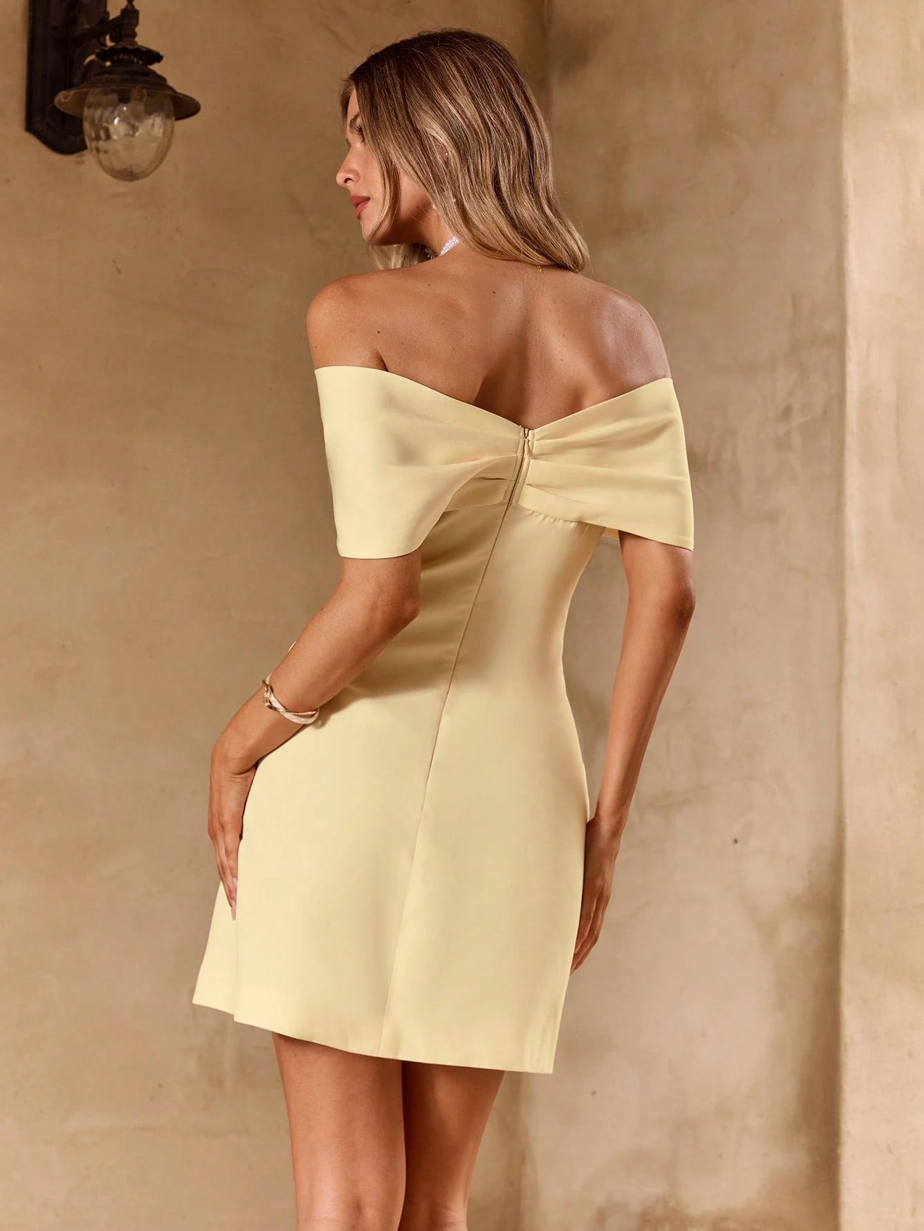 Enchnt Pale Yellow Summer Elegant Party Dress For Women, Bow Off Shoulder A-Line Rosette Sweet&Elegant Dresses For Date,Wedding&Graduation