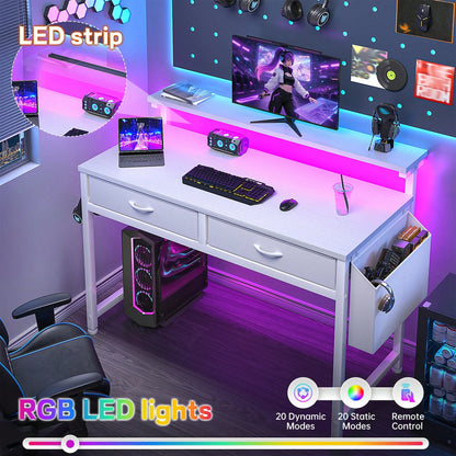 EnHomee 31.5"W Office Desk With LED Strip Lights & Ergonomic Monitor Stand,Computer Desk With 2 Fabric Drawers And Side Pocket For Bedroom,Office