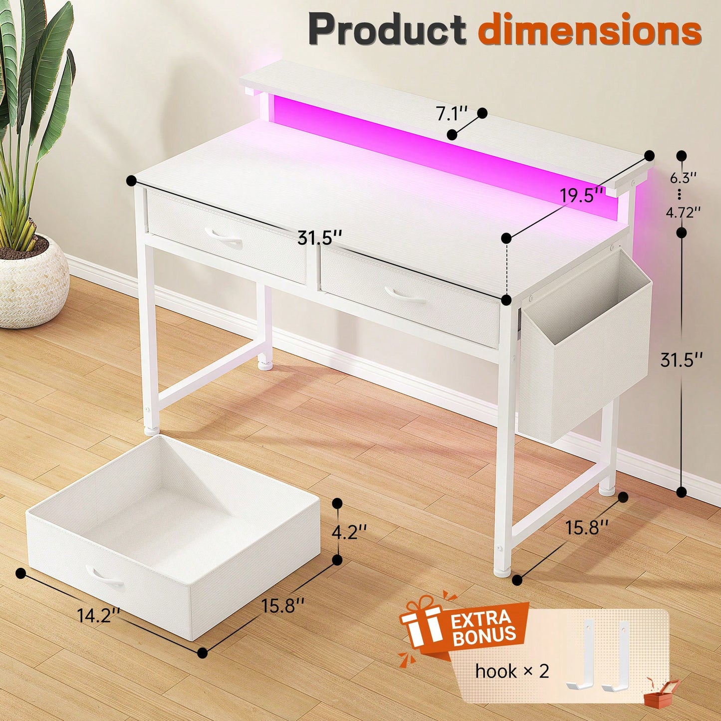 EnHomee 31.5"W Office Desk With LED Strip Lights & Ergonomic Monitor Stand,Computer Desk With 2 Fabric Drawers And Side Pocket For Bedroom,Office