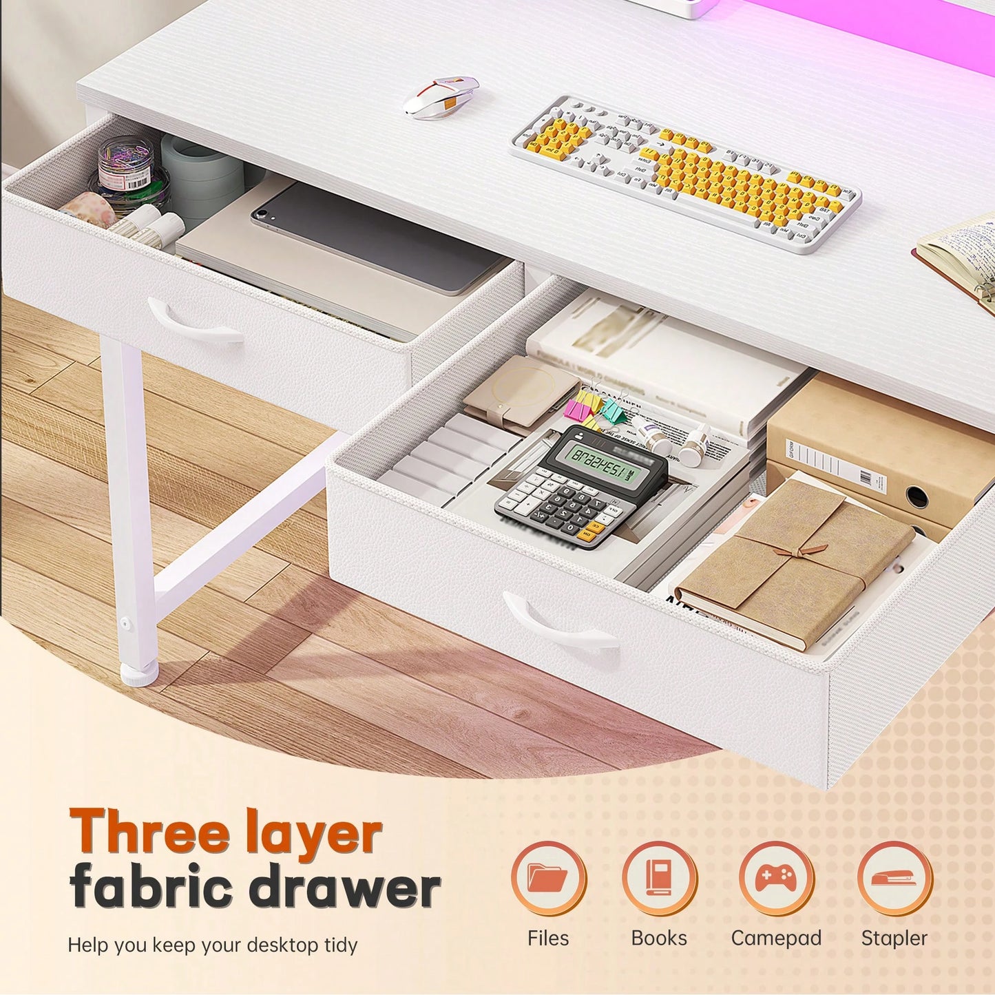 EnHomee 31.5"W Office Desk With LED Strip Lights & Ergonomic Monitor Stand,Computer Desk With 2 Fabric Drawers And Side Pocket For Bedroom,Office