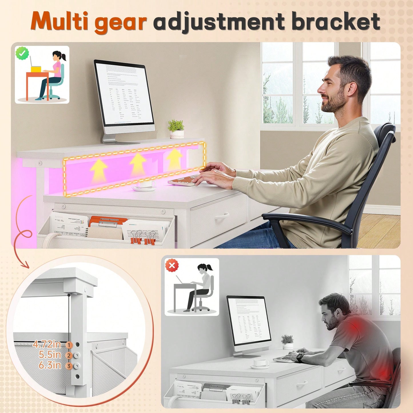 EnHomee 31.5"W Office Desk With LED Strip Lights & Ergonomic Monitor Stand,Computer Desk With 2 Fabric Drawers And Side Pocket For Bedroom,Office