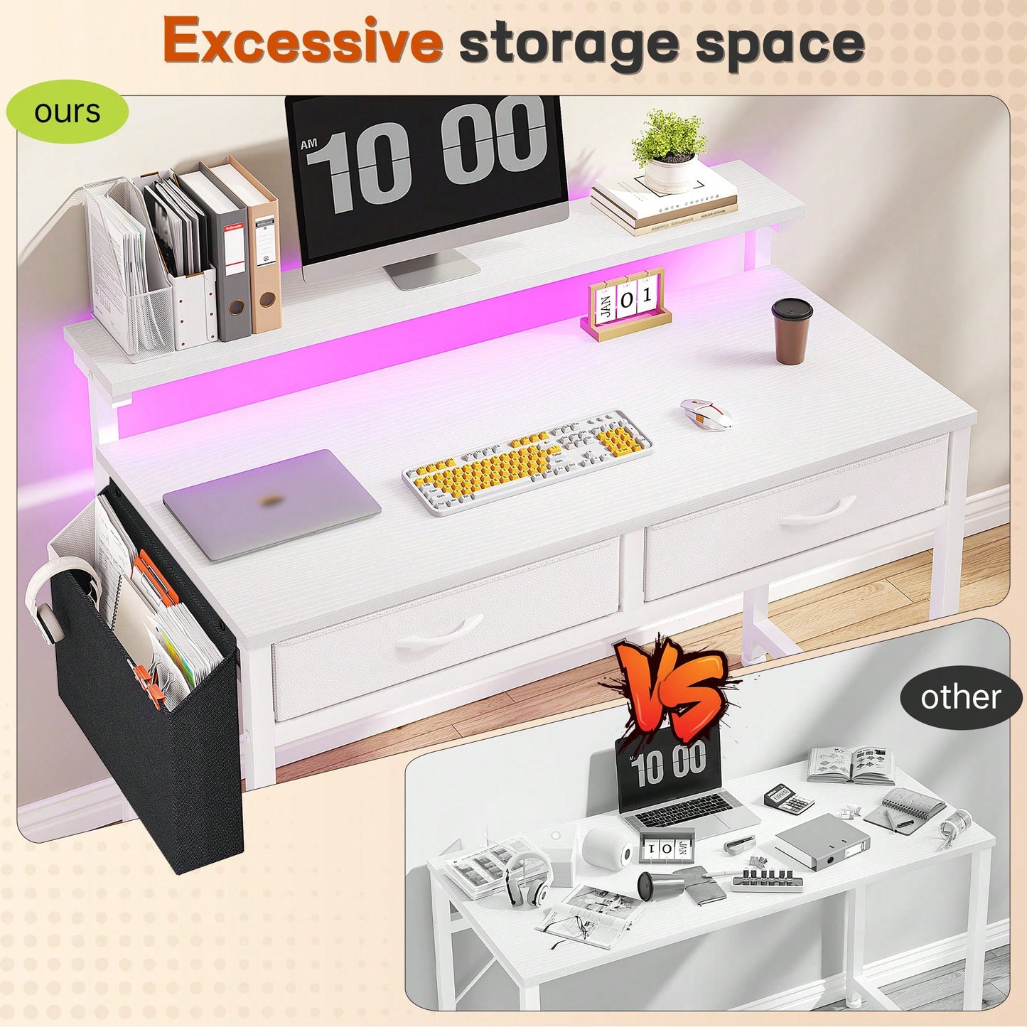 EnHomee 31.5"W Office Desk With LED Strip Lights & Ergonomic Monitor Stand,Computer Desk With 2 Fabric Drawers And Side Pocket For Bedroom,Office