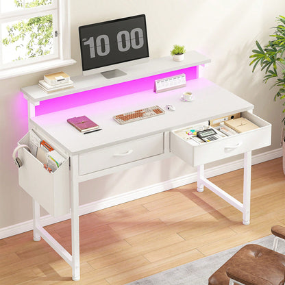 EnHomee 31.5"W Office Desk With LED Strip Lights & Ergonomic Monitor Stand,Computer Desk With 2 Fabric Drawers And Side Pocket For Bedroom,Office