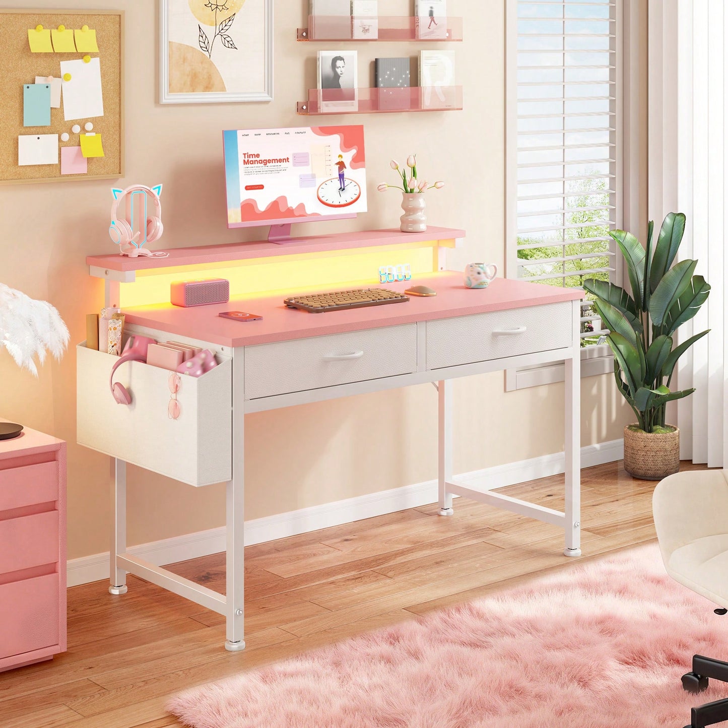 EnHomee 31.5"W Pink Computer Desk With LED Strip Lights & Ergonomic Monitor Stand,Student Study Desk With 2 Fabric Drawers & Side Pocket For Girl