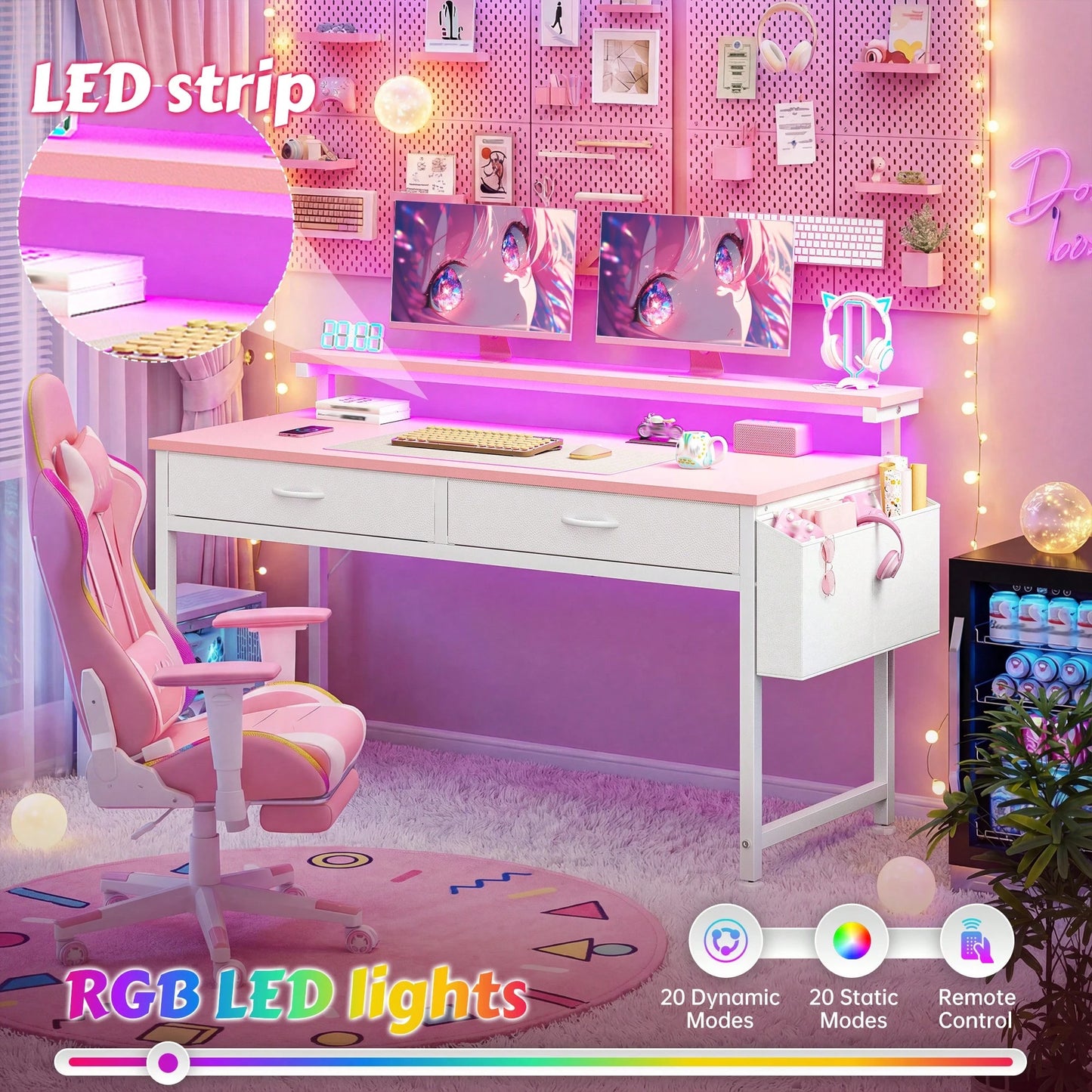 EnHomee 31.5"W Pink Computer Desk With LED Strip Lights & Ergonomic Monitor Stand,Student Study Desk With 2 Fabric Drawers & Side Pocket For Girl