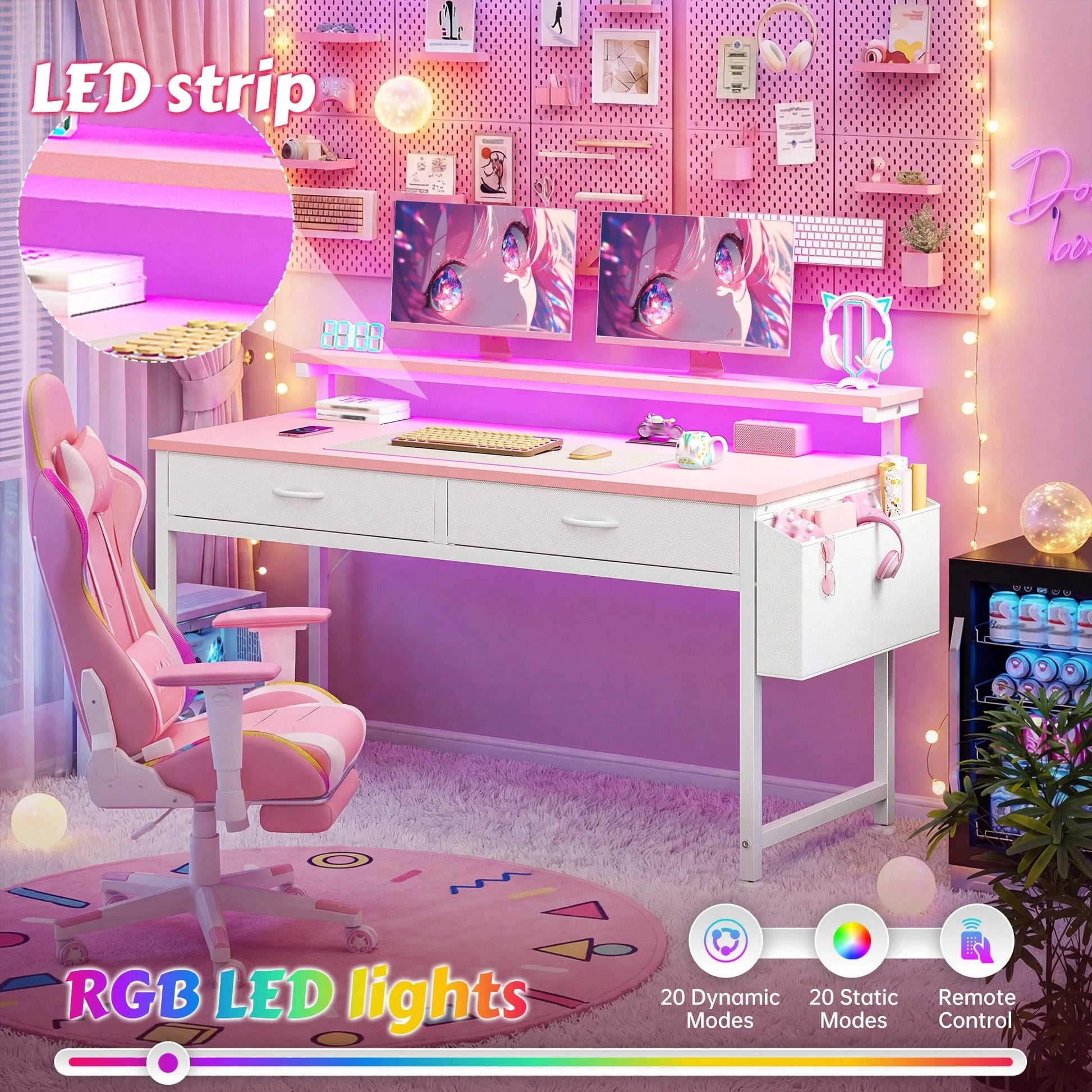 EnHomee 31.5"W Pink Computer Desk With LED Strip Lights & Ergonomic Monitor Stand,Student Study Desk With 2 Fabric Drawers & Side Pocket For Girl