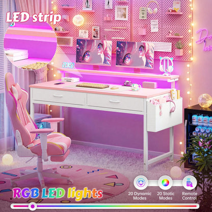 EnHomee 31.5"W Pink Computer Desk With LED Strip Lights & Ergonomic Monitor Stand,Student Study Desk With 2 Fabric Drawers & Side Pocket For Girl