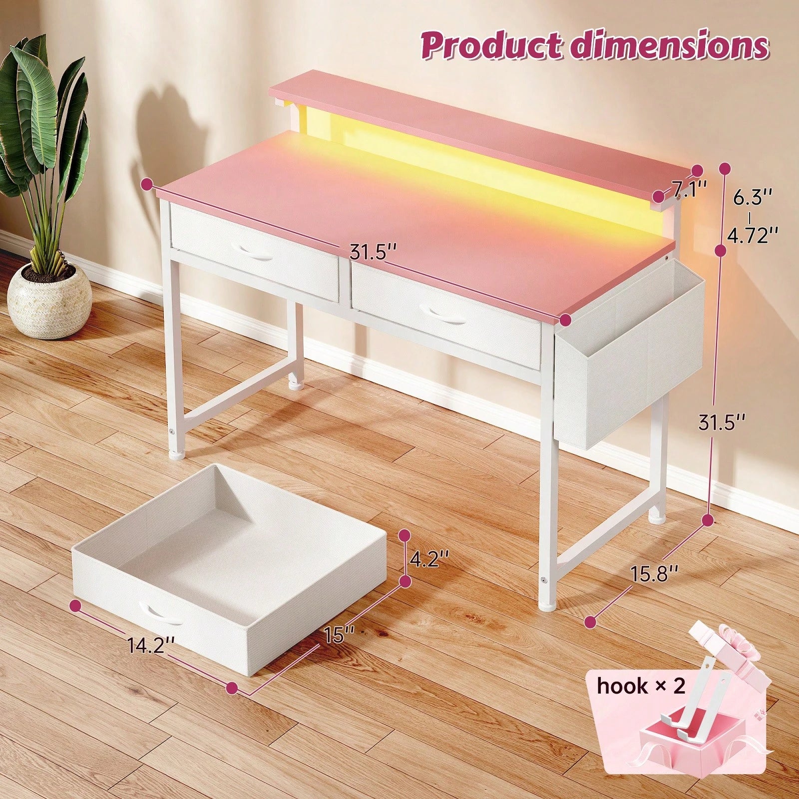 EnHomee 31.5"W Pink Computer Desk With LED Strip Lights & Ergonomic Monitor Stand,Student Study Desk With 2 Fabric Drawers & Side Pocket For Girl