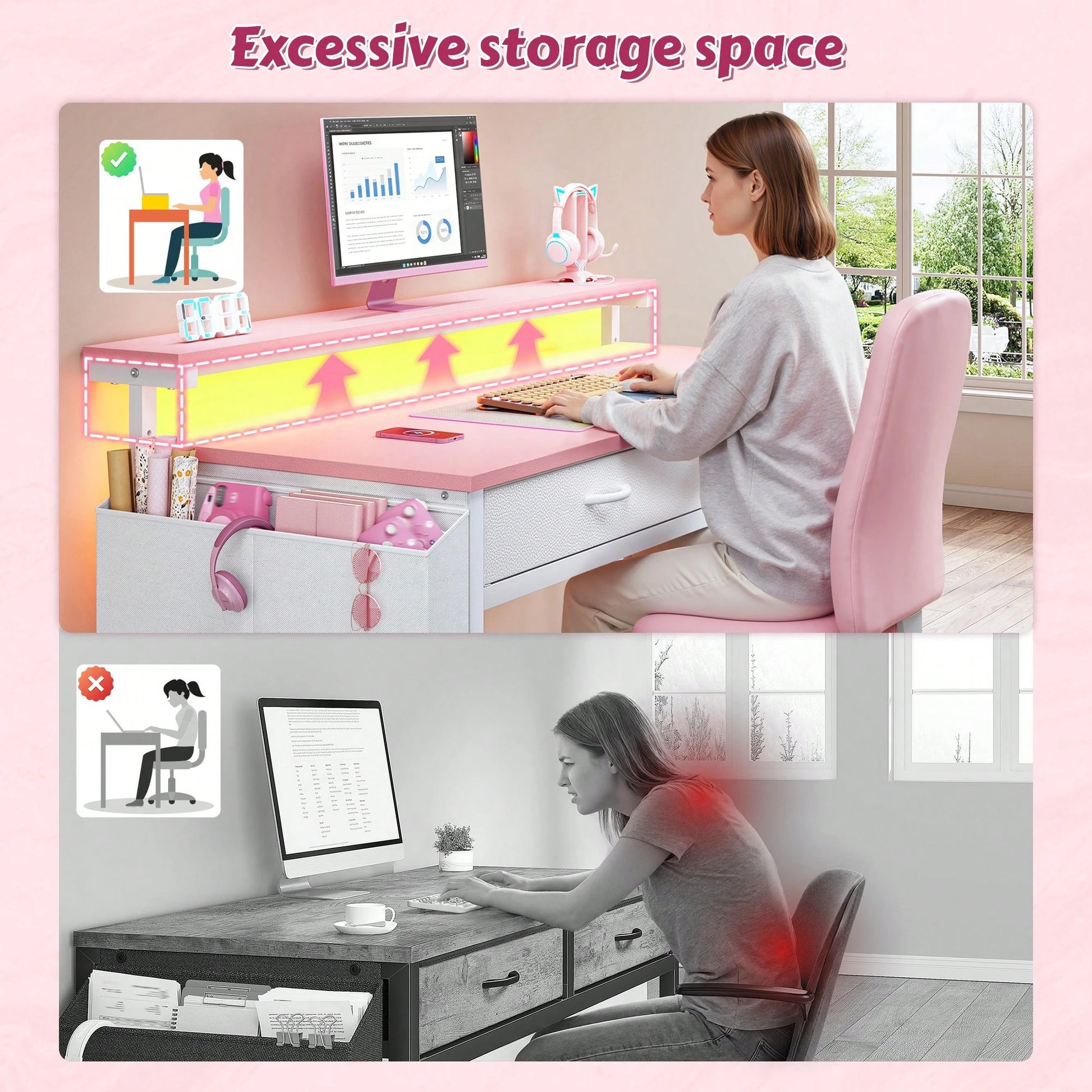 EnHomee 31.5"W Pink Computer Desk With LED Strip Lights & Ergonomic Monitor Stand,Student Study Desk With 2 Fabric Drawers & Side Pocket For Girl