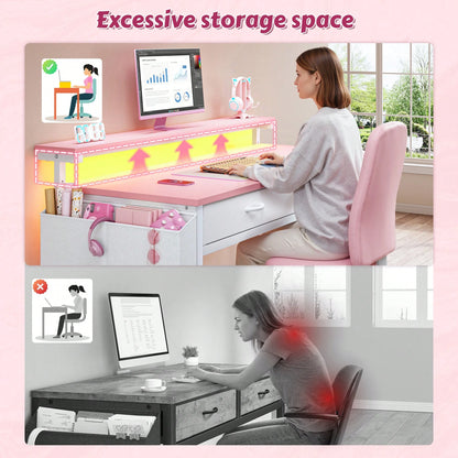 EnHomee 31.5"W Pink Computer Desk With LED Strip Lights & Ergonomic Monitor Stand,Student Study Desk With 2 Fabric Drawers & Side Pocket For Girl