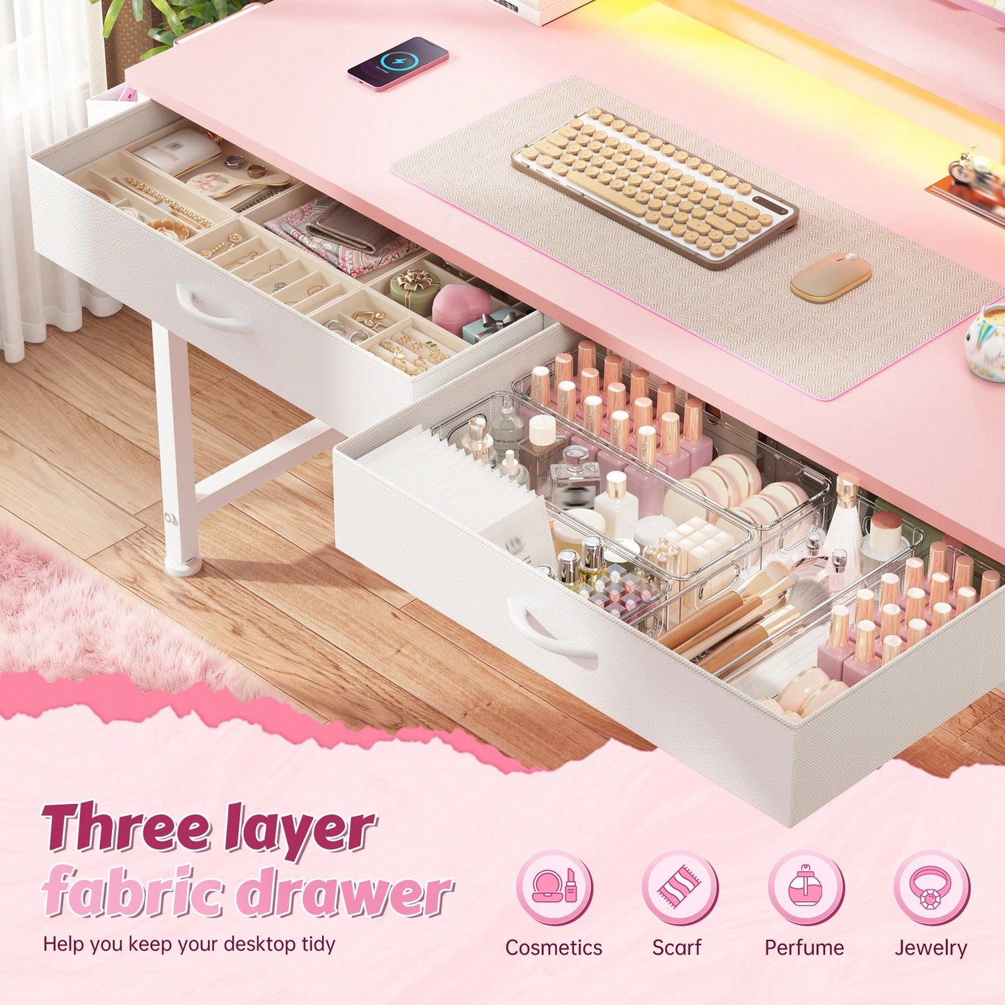 EnHomee 31.5"W Pink Computer Desk With LED Strip Lights & Ergonomic Monitor Stand,Student Study Desk With 2 Fabric Drawers & Side Pocket For Girl