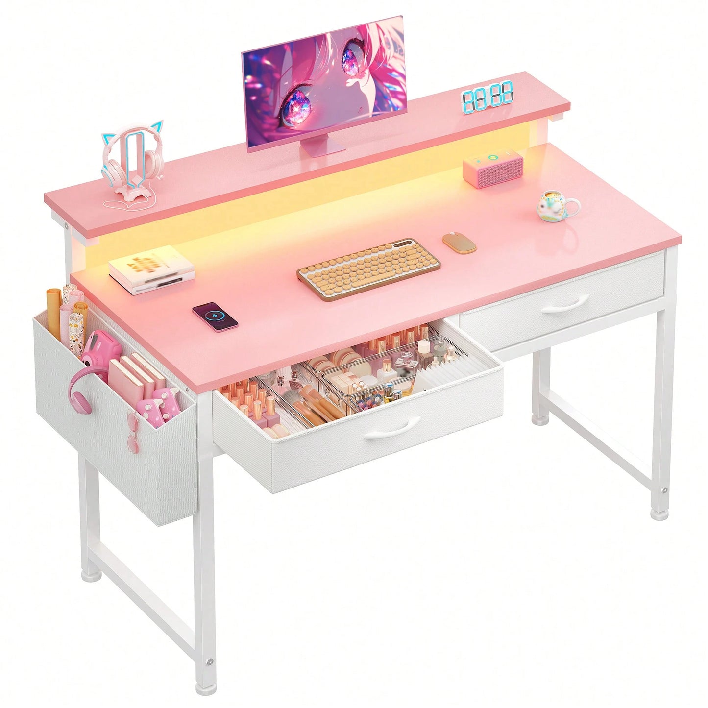 EnHomee 31.5"W Pink Computer Desk With LED Strip Lights & Ergonomic Monitor Stand,Student Study Desk With 2 Fabric Drawers & Side Pocket For Girl