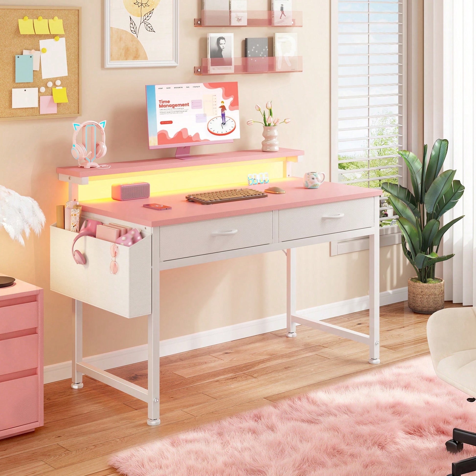 EnHomee 31.5"W Pink Computer Desk With LED Strip Lights & Ergonomic Monitor Stand,Student Study Desk With 2 Fabric Drawers & Side Pocket For Girl