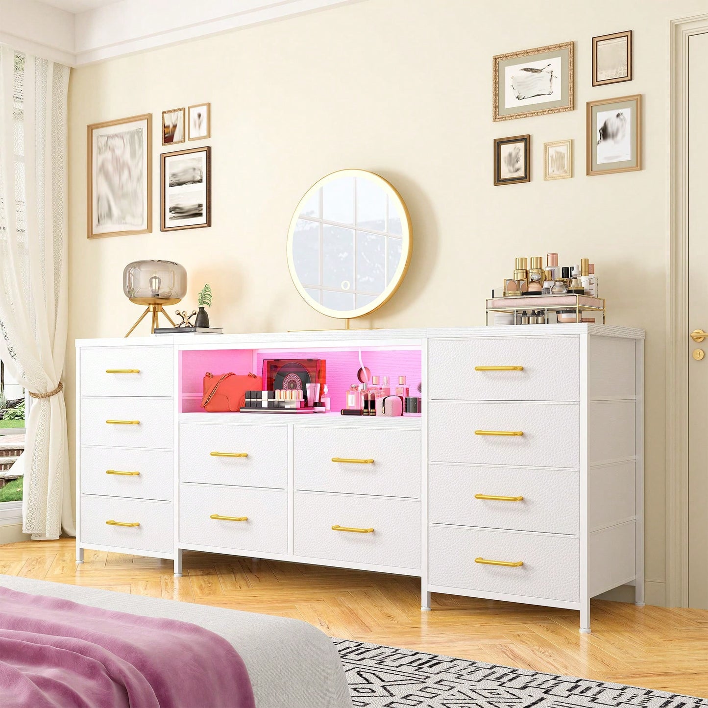EnHomee Fits 75" TV Stand Dresser For 65 70 75 Inch TV 63" W Dresser TV Stand For Bedroom With LED Lights & Power Outlets & 12 Drawers Dresser For Bedroom Long Fabric Dresser Entertainment Center, Roo