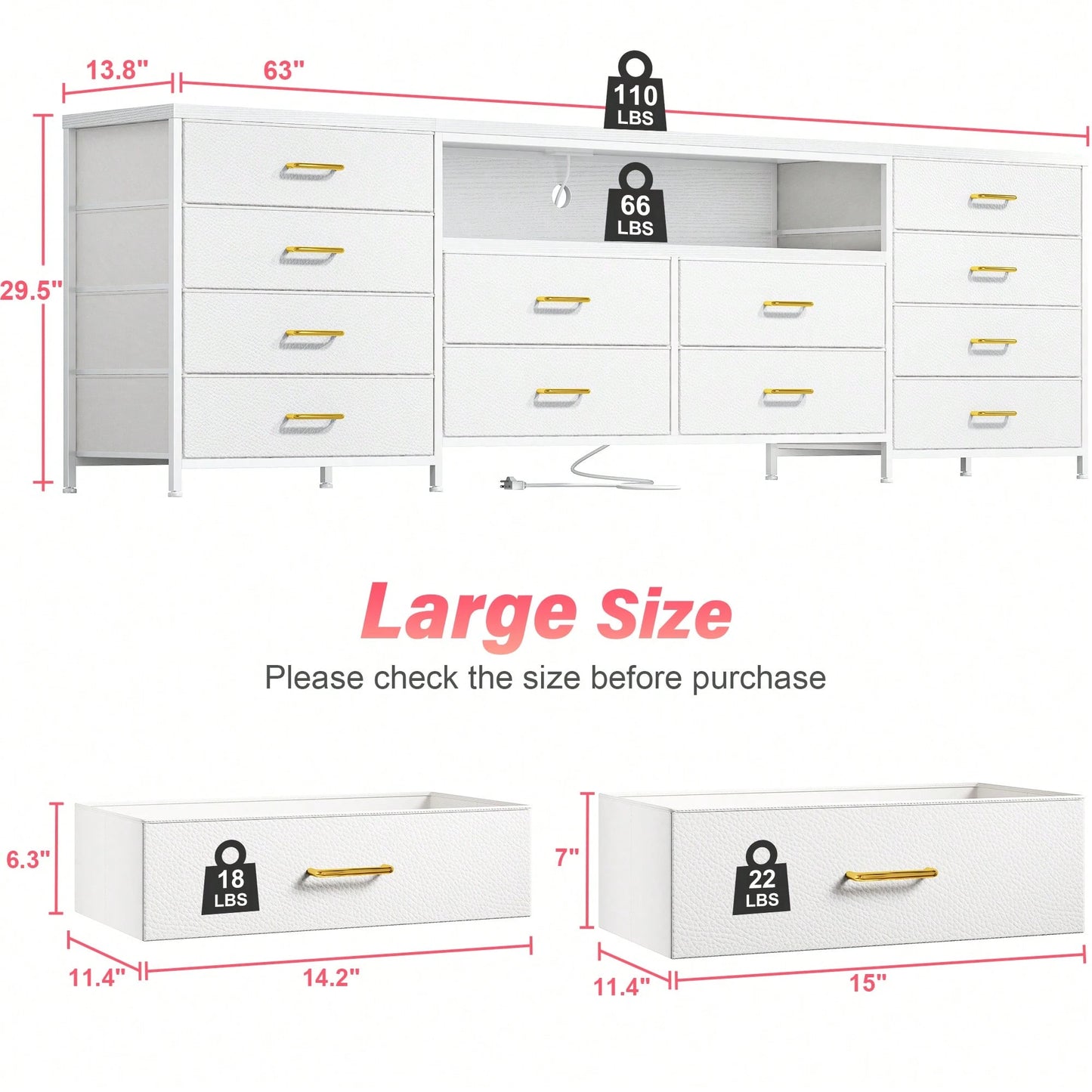 EnHomee Fits 75" TV Stand Dresser For 65 70 75 Inch TV 63" W Dresser TV Stand For Bedroom With LED Lights & Power Outlets & 12 Drawers Dresser For Bedroom Long Fabric Dresser Entertainment Center, Roo