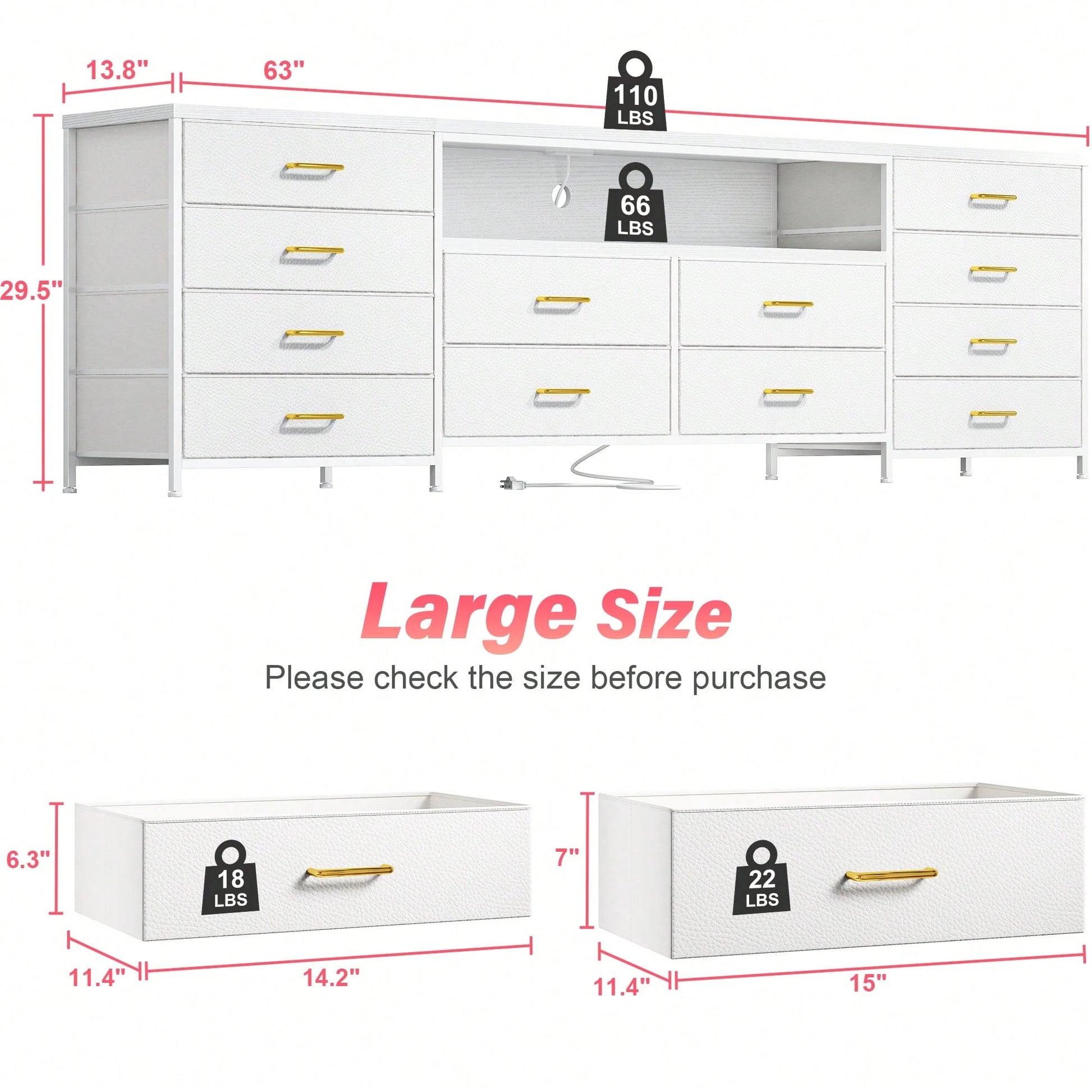 EnHomee Fits 75" TV Stand Dresser For 65 70 75 Inch TV 63" W Dresser TV Stand For Bedroom With LED Lights & Power Outlets & 12 Drawers Dresser For Bedroom Long Fabric Dresser Entertainment Center, Roo