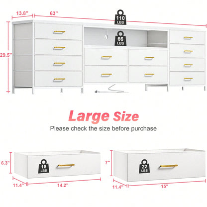 EnHomee Fits 75" TV Stand Dresser For 65 70 75 Inch TV 63" W Dresser TV Stand For Bedroom With LED Lights & Power Outlets & 12 Drawers Dresser For Bedroom Long Fabric Dresser Entertainment Center, Roo