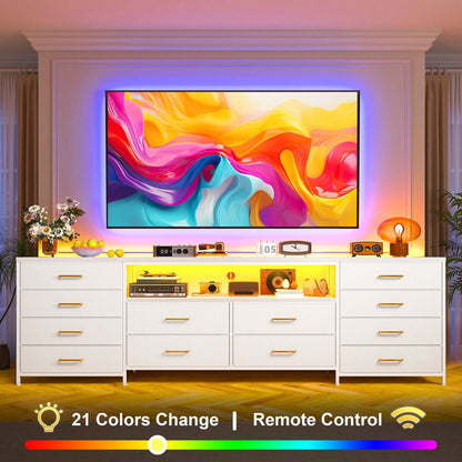 EnHomee Fits 75" TV Stand Dresser For 65 70 75 Inch TV 63" W Dresser TV Stand For Bedroom With LED Lights & Power Outlets & 12 Drawers Dresser For Bedroom Long Fabric Dresser Entertainment Center, Roo