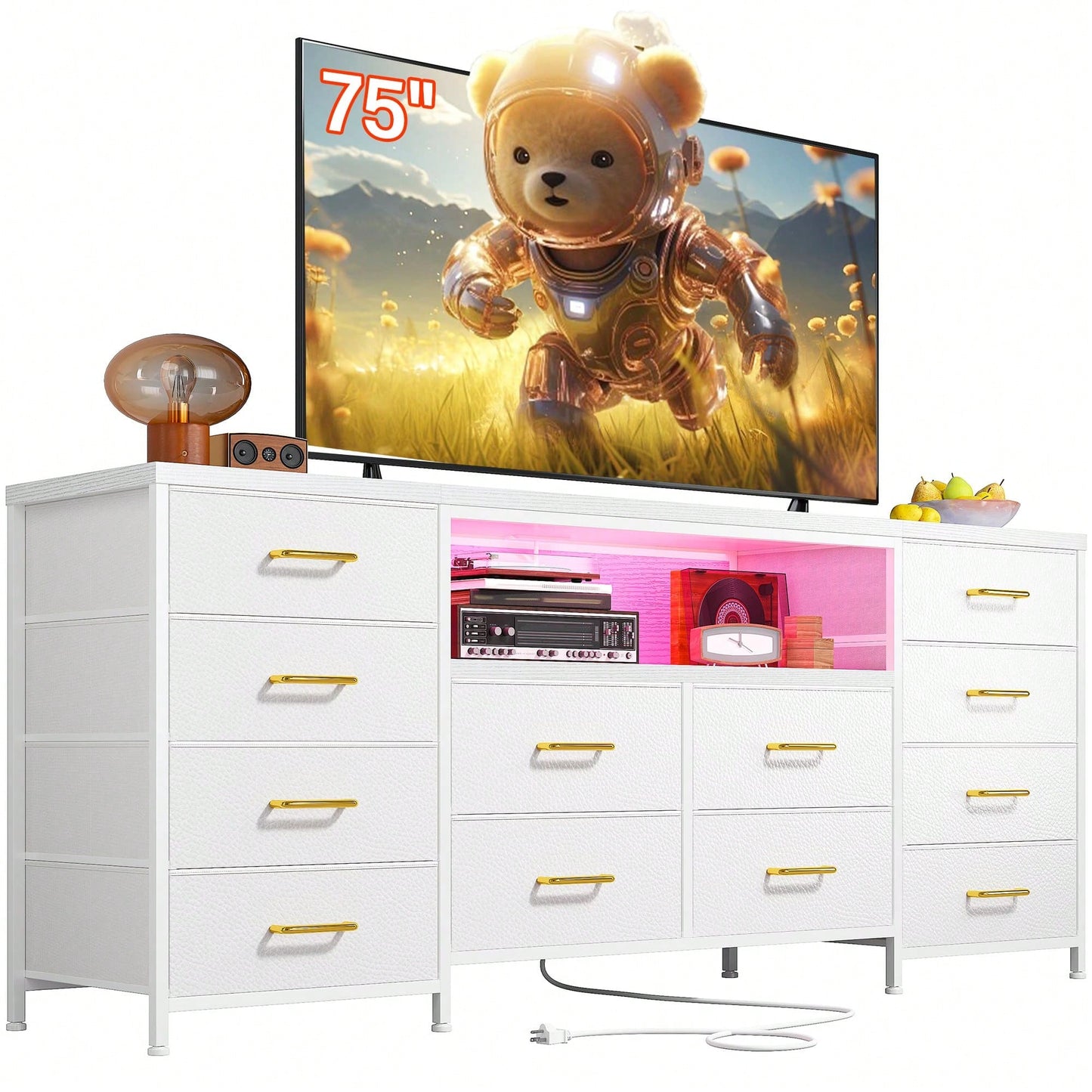 EnHomee Fits 75" TV Stand Dresser For 65 70 75 Inch TV 63" W Dresser TV Stand For Bedroom With LED Lights & Power Outlets & 12 Drawers Dresser For Bedroom Long Fabric Dresser Entertainment Center, Roo