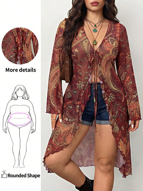 Enliva Plus Size Sexy Retro Bohemian Style Western Girl Vacation Music Festival Top, Red Paisley Print Top With Front Bow Tie And Sheer Mesh V-Neck Flared Sleeves, Winter Top, For Apple And Rounded Bo
