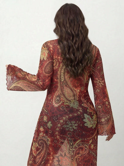 Enliva Plus Size Sexy Retro Bohemian Style Western Girl Vacation Music Festival Top, Red Paisley Print Top With Front Bow Tie And Sheer Mesh V-Neck Flared Sleeves, Winter Top, For Apple And Rounded Bo