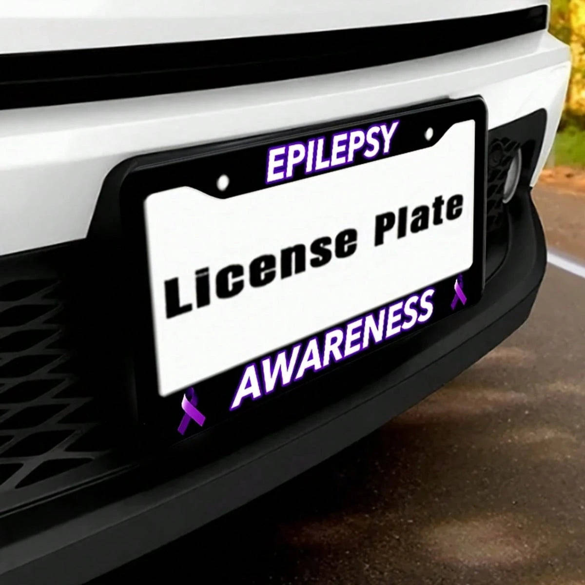 Epilepsy Awareness License Plate Frame, Purple Ribbon Car Tag Holder Fits US Standard Plates