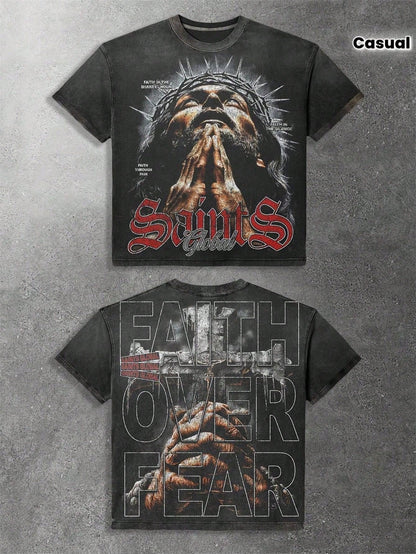 Essential Basic,Saints Global With Praying Figure And Faith Over Fear Mens Distressed Graphic Tee- Gothic-Inspired Crew Neck Hip Hop Streetwear With