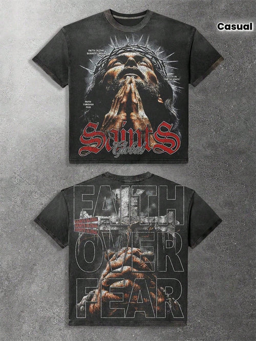 Essential Basic,Saints Global With Praying Figure And Faith Over Fear Mens Distressed Graphic Tee- Gothic-Inspired Crew Neck Hip Hop Streetwear With