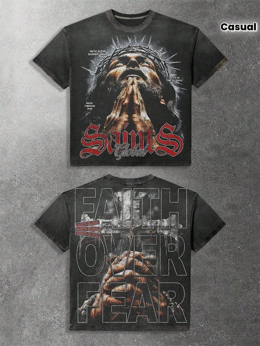 Essential Basic,Saints Global With Praying Figure And Faith Over Fear Mens Distressed Graphic Tee- Gothic-Inspired Crew Neck Hip Hop Streetwear With