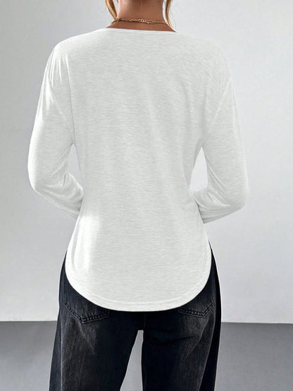 Essnce Loose Fit Curved Hem Long Sleeve T-Shirt, Casual & Relaxed Style For Women