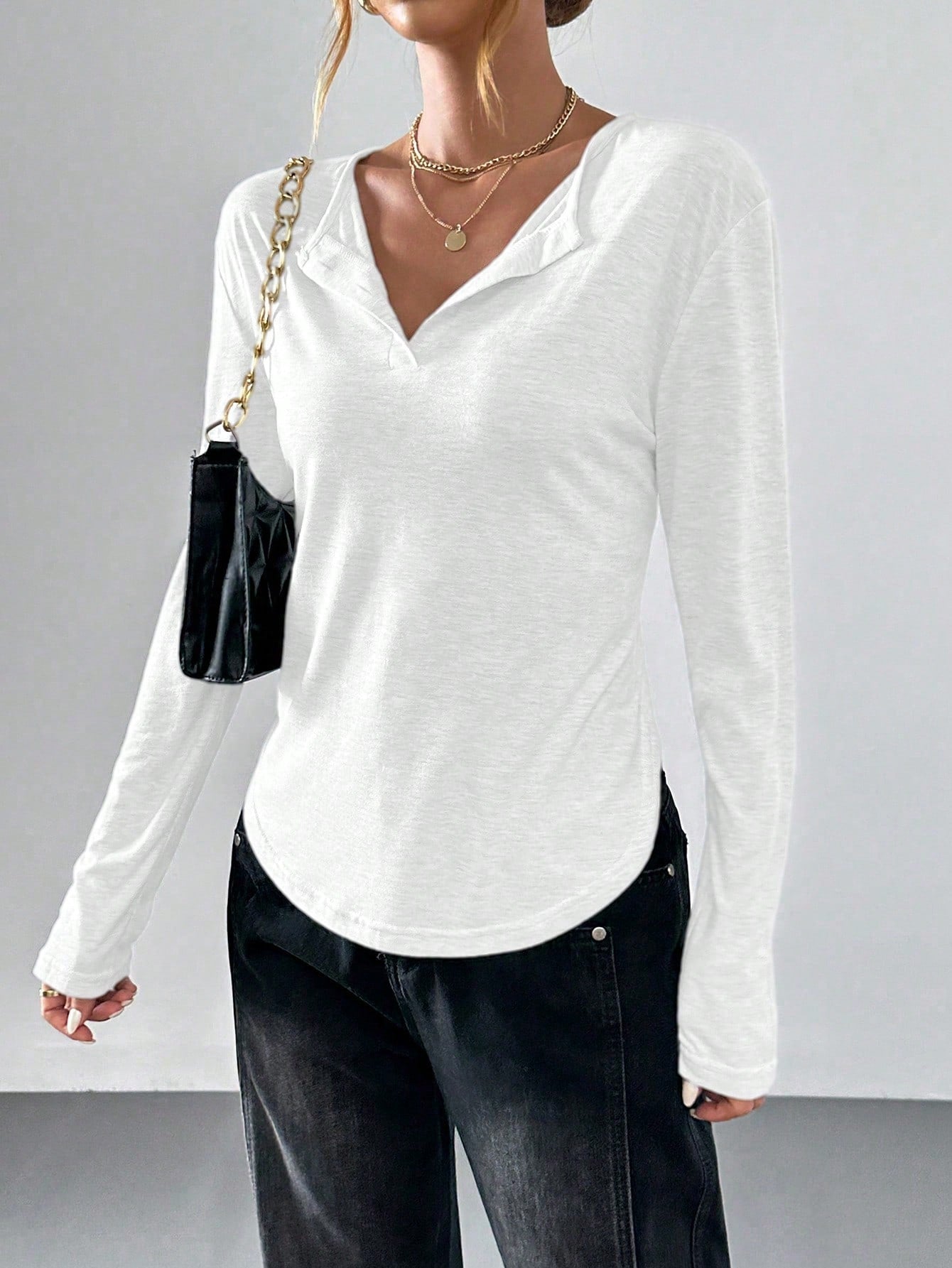 Essnce Loose Fit Curved Hem Long Sleeve T-Shirt, Casual & Relaxed Style For Women